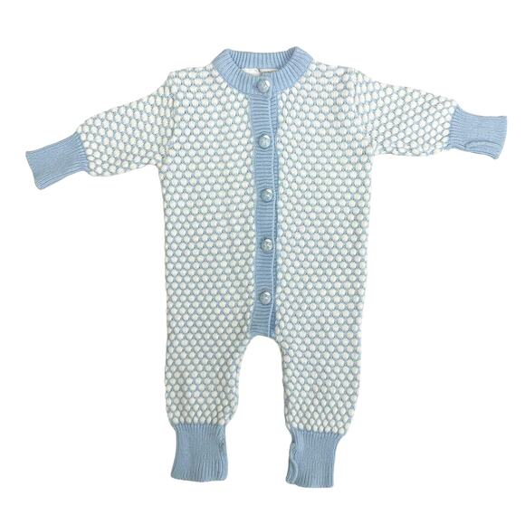 First Moments Vintage Blue White Sweater Knit Bodysuit Sleeper 6-9 Months - Picture 1 of 5